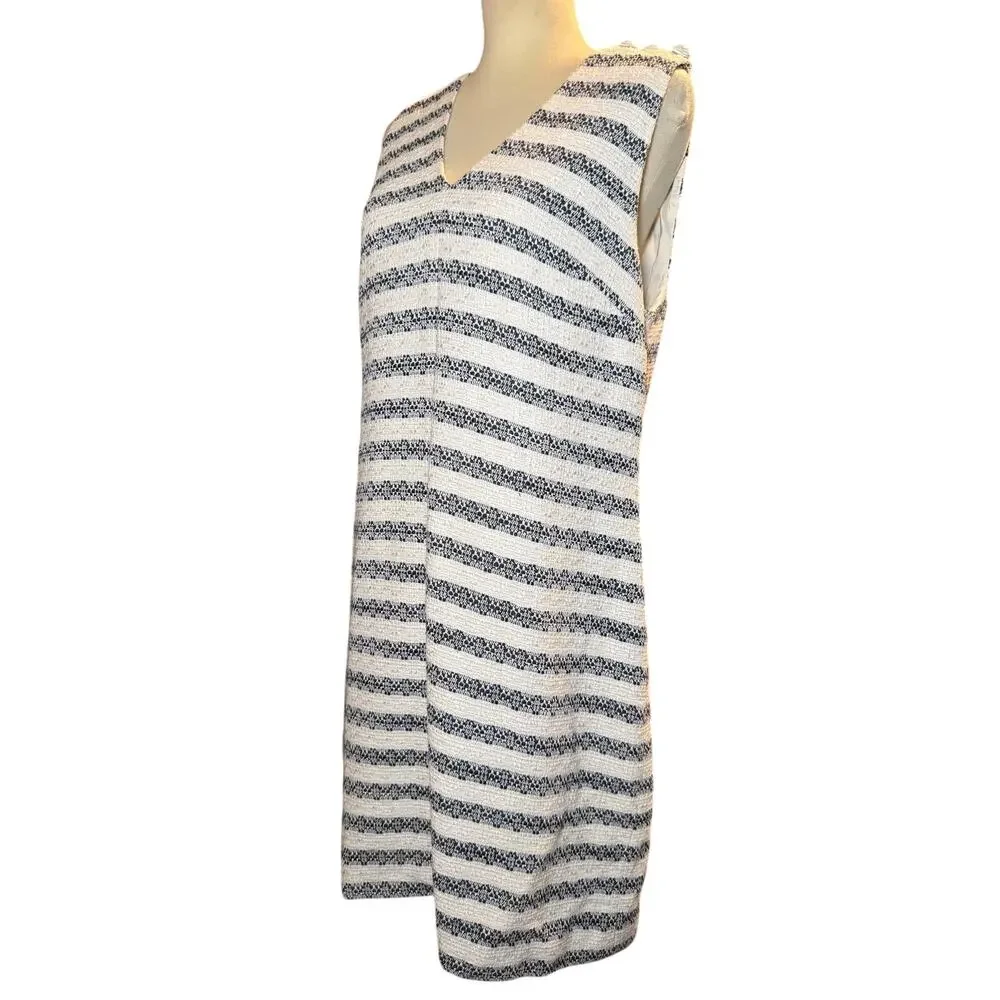J.Crew Textured Navy Stripe Shift Dress, Crest Button Nautical Boucle, Size 12